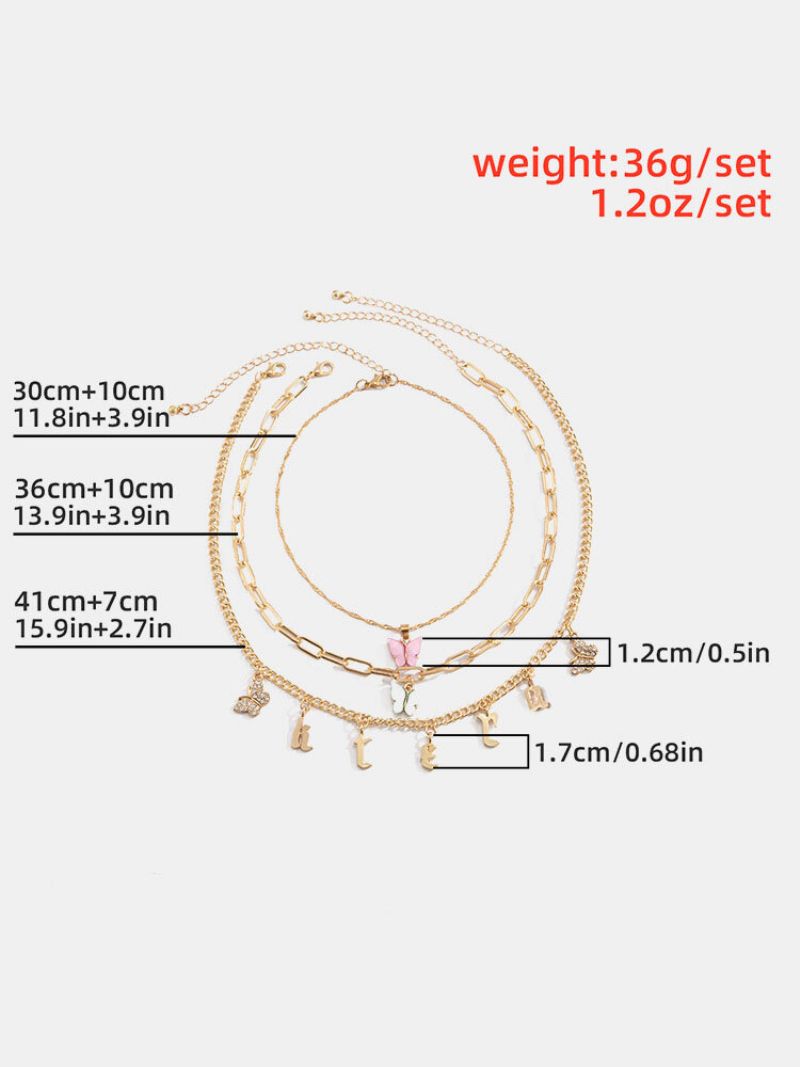 Vintage Legering Enkel Flerlags Dusk Multi-element Halskjede Sommerfugl Bokstav Sett