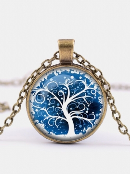 Vintage Rundformet Time Gemstone Blå Hvit Life Tree Mønster Anheng Legering Glass Halskjede