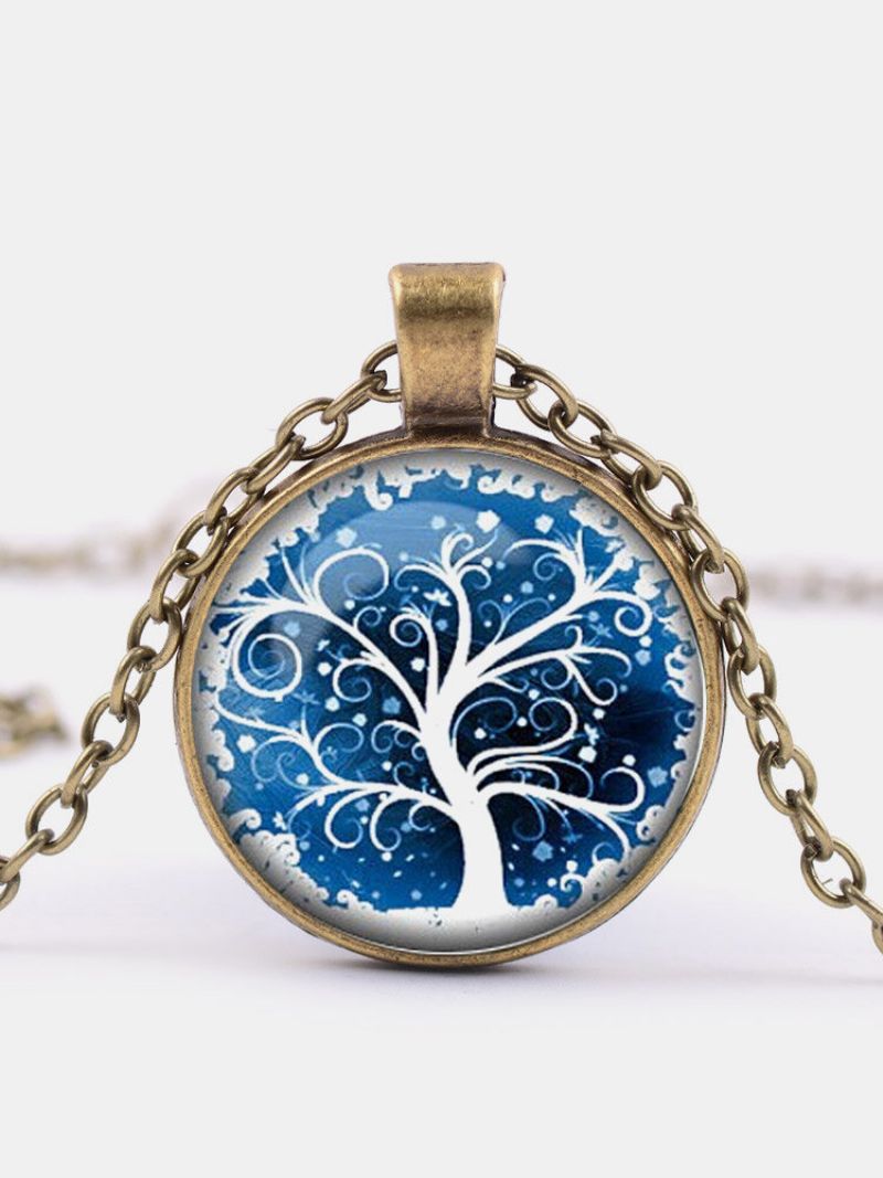 Vintage Rundformet Time Gemstone Blå Hvit Life Tree Mønster Anheng Legering Glass Halskjede