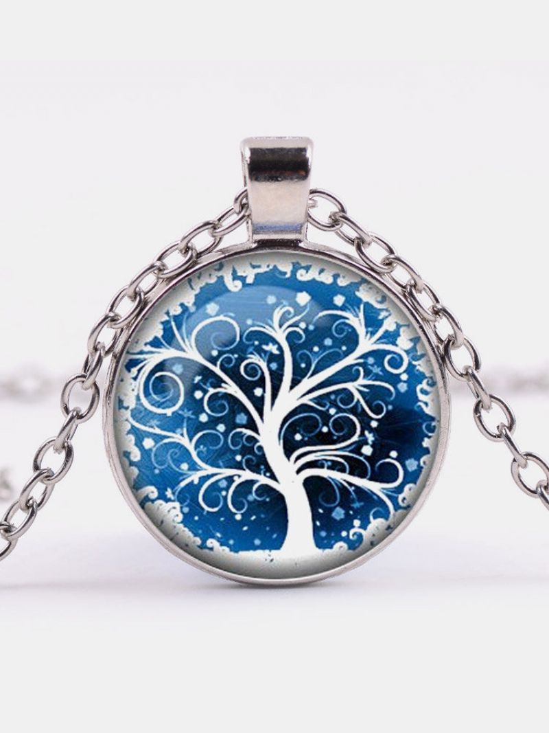 Vintage Rundformet Time Gemstone Blå Hvit Life Tree Mønster Anheng Legering Glass Halskjede