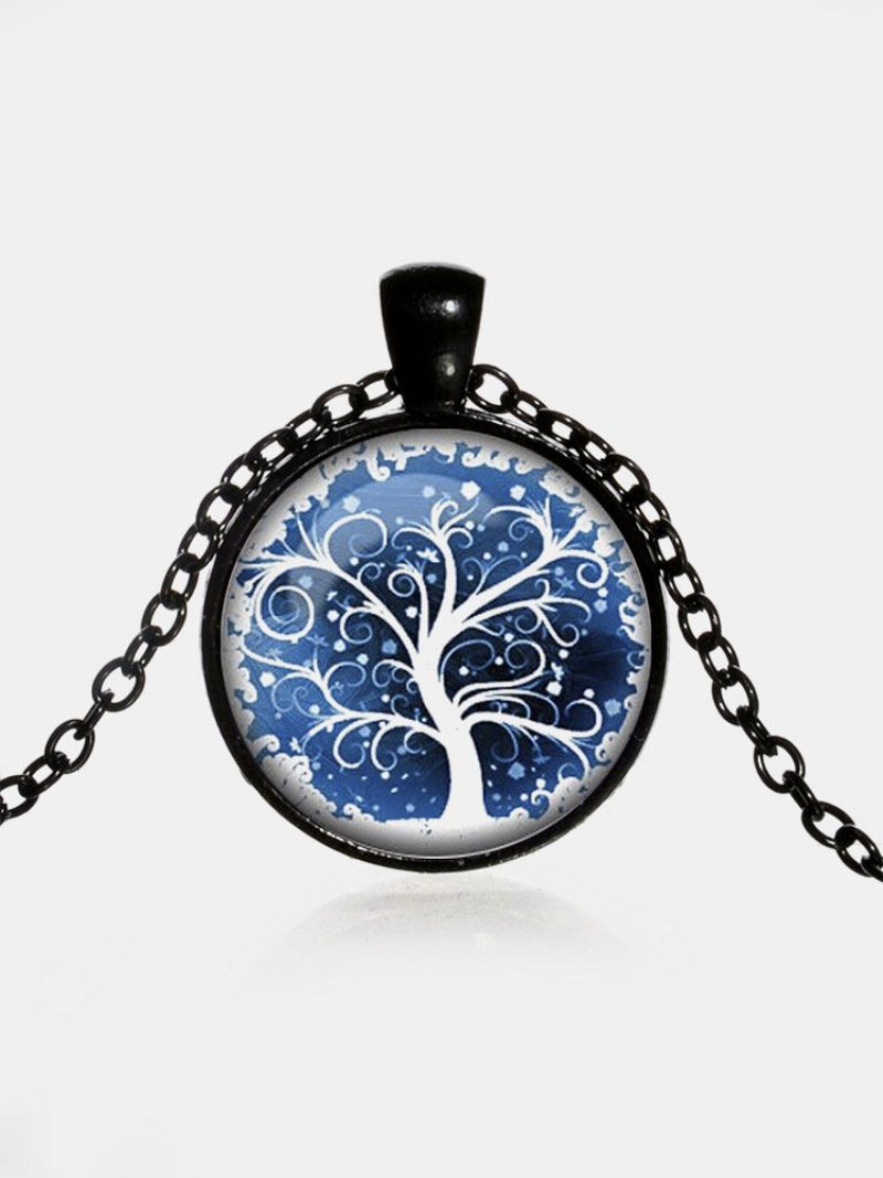 Vintage Rundformet Time Gemstone Blå Hvit Life Tree Mønster Anheng Legering Glass Halskjede