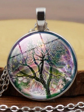 Vintage Rundformet Time Gemstone Life Tree Mønster Anheng Legert Glass Kjede