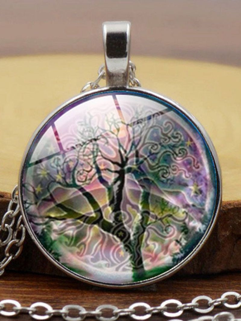 Vintage Rundformet Time Gemstone Life Tree Mønster Anheng Legert Glass Kjede