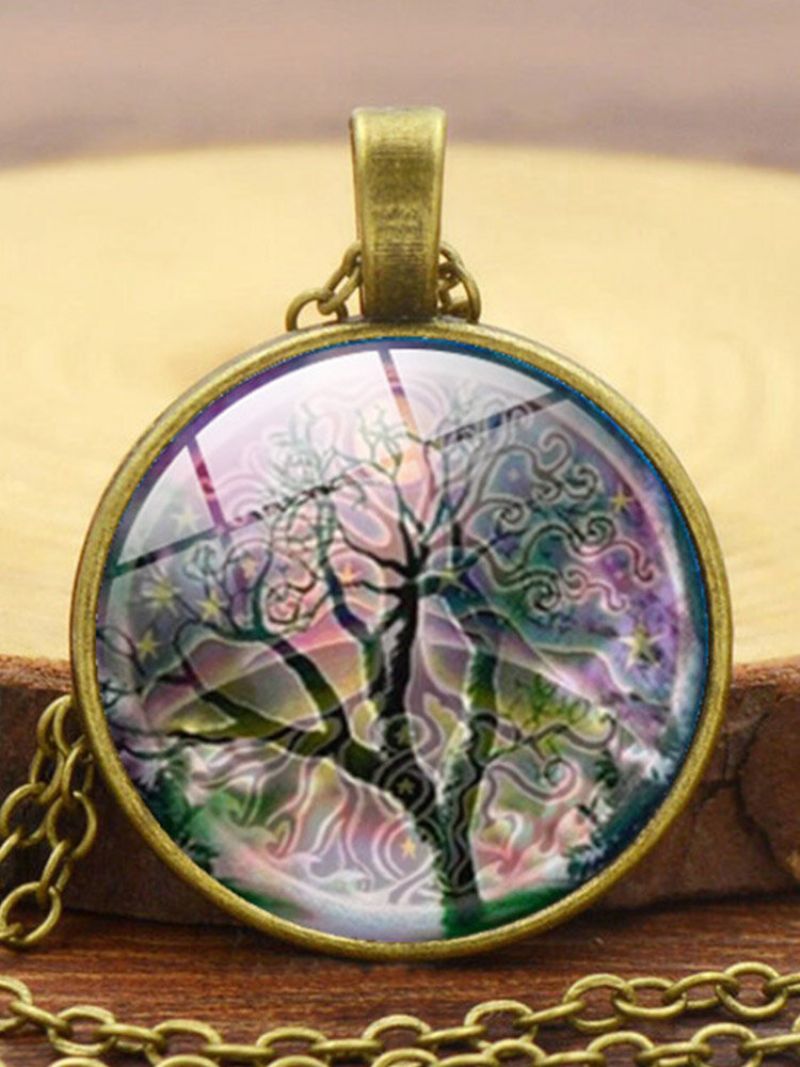 Vintage Rundformet Time Gemstone Life Tree Mønster Anheng Legert Glass Kjede