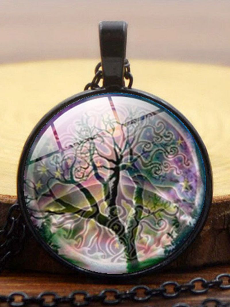 Vintage Rundformet Time Gemstone Life Tree Mønster Anheng Legert Glass Kjede