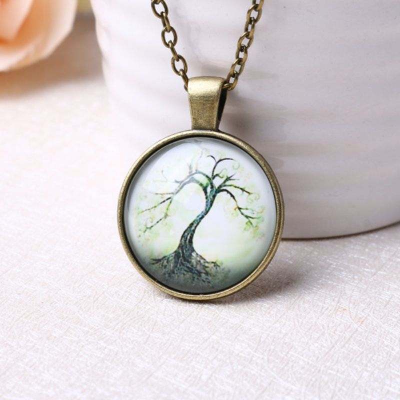 Vintage Tree Of Life Round Glass Time Gem Charm Halskjeder For Kvinner