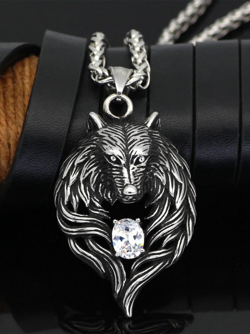 Vintage Trendy Wolf Head Shape Rhinestone Titanium Steel Halskjeder