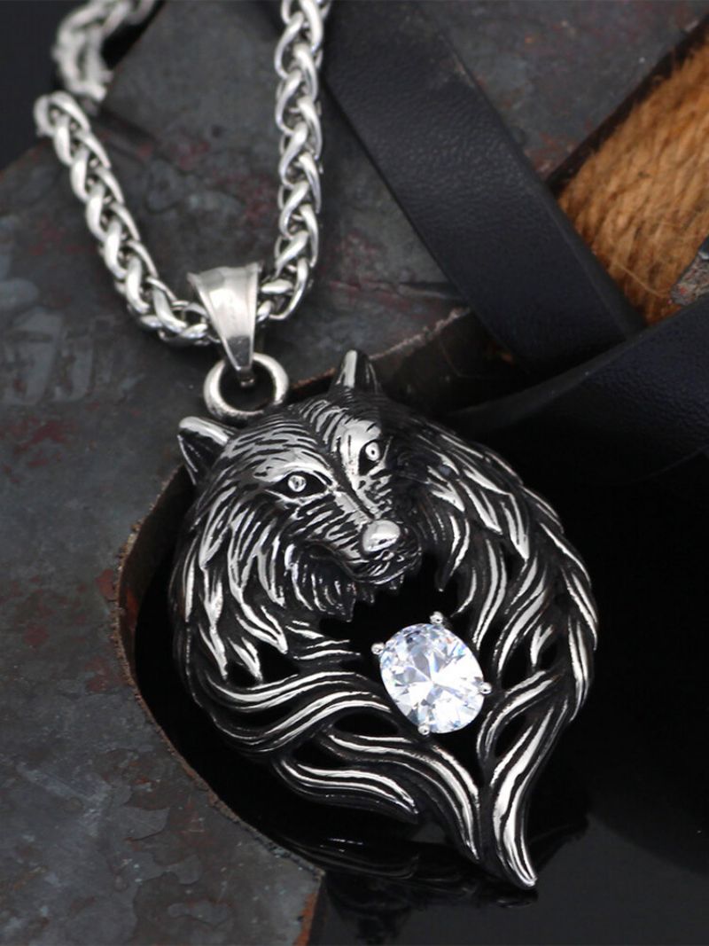 Vintage Trendy Wolf Head Shape Rhinestone Titanium Steel Halskjeder