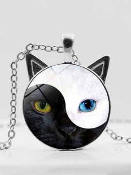 Vintage Yin Yang Cat Face Trykt Kvinner Halskjede Cat Øre Anheng