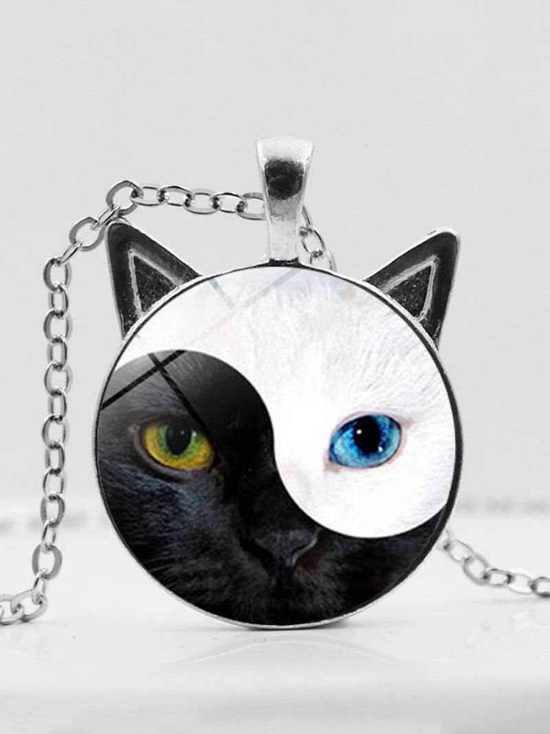 Vintage Yin Yang Cat Face Trykt Kvinner Halskjede Cat Øre Anheng