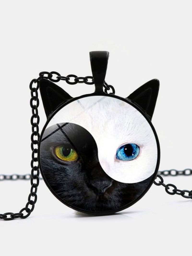 Vintage Yin Yang Cat Face Trykt Kvinner Halskjede Cat Øre Anheng