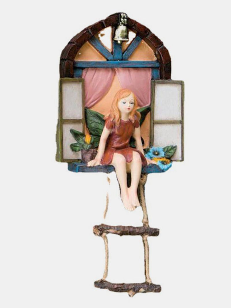 1 Pc Fairy House Tre Hengende Skulptur Håndmalt Vindu Sittende Fe Med Stige Resin Statue Miniatyr Hjem Hage Dekor