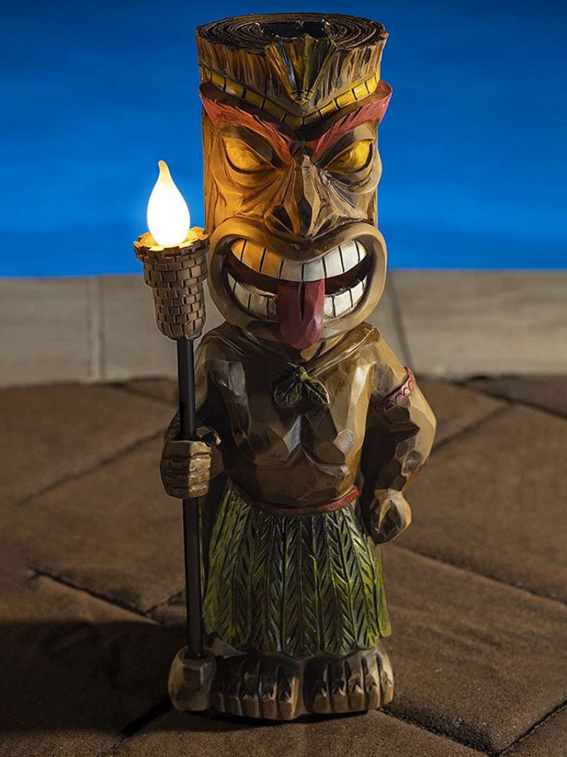 1 Pc Kreativ Vintage Tribal Totem Figur Resin Statue Skulptur Med Led Flimrende Fakkel Lys Utendørs Innendørs Gårdsplass Hage Lampe Dekor