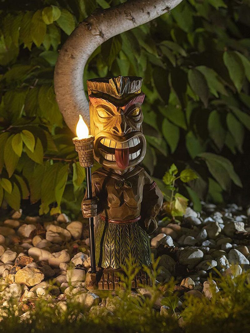 1 Pc Kreativ Vintage Tribal Totem Figur Resin Statue Skulptur Med Led Flimrende Fakkel Lys Utendørs Innendørs Gårdsplass Hage Lampe Dekor