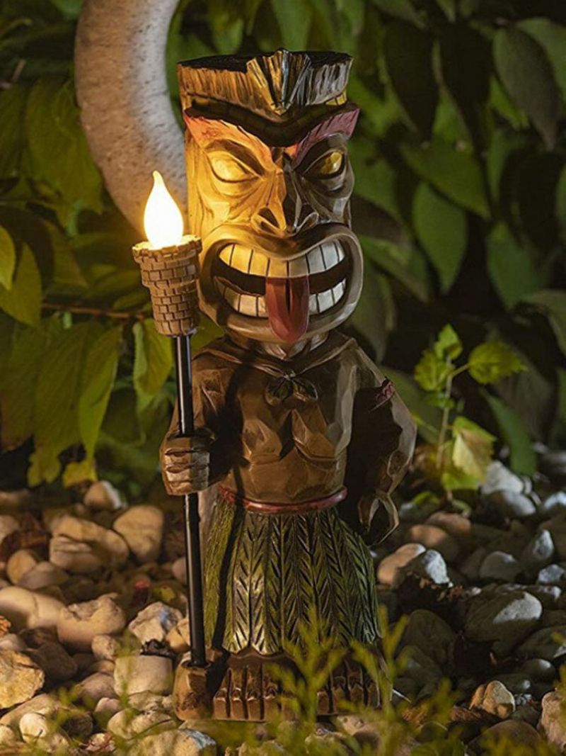 1 Pc Kreativ Vintage Tribal Totem Figur Resin Statue Skulptur Med Led Flimrende Fakkel Lys Utendørs Innendørs Gårdsplass Hage Lampe Dekor