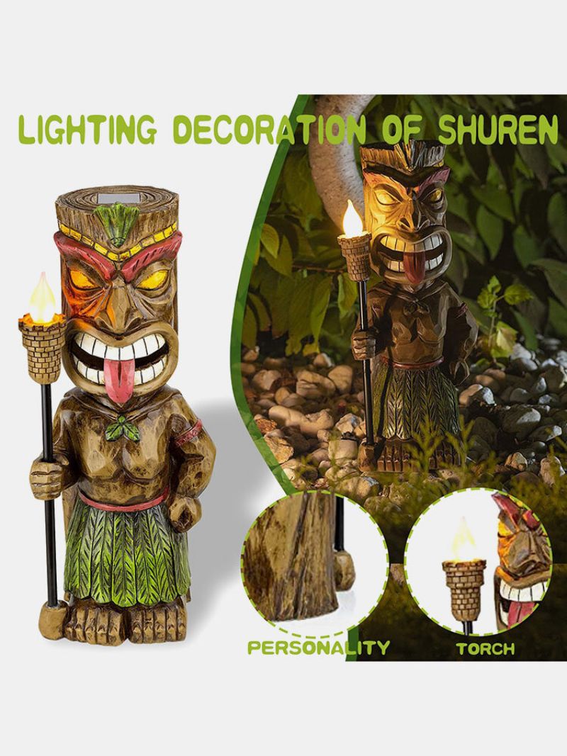 1 Pc Kreativ Vintage Tribal Totem Figur Resin Statue Skulptur Med Led Flimrende Fakkel Lys Utendørs Innendørs Gårdsplass Hage Lampe Dekor