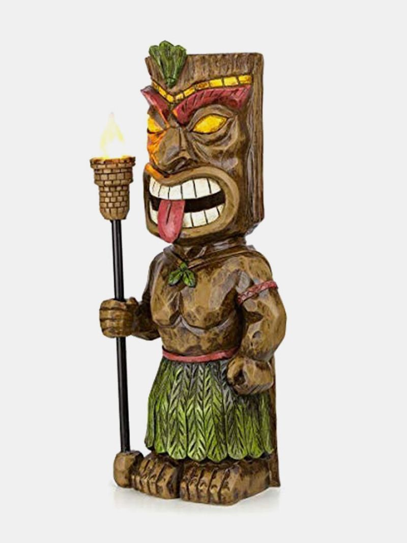 1 Pc Kreativ Vintage Tribal Totem Figur Resin Statue Skulptur Med Led Flimrende Fakkel Lys Utendørs Innendørs Gårdsplass Hage Lampe Dekor