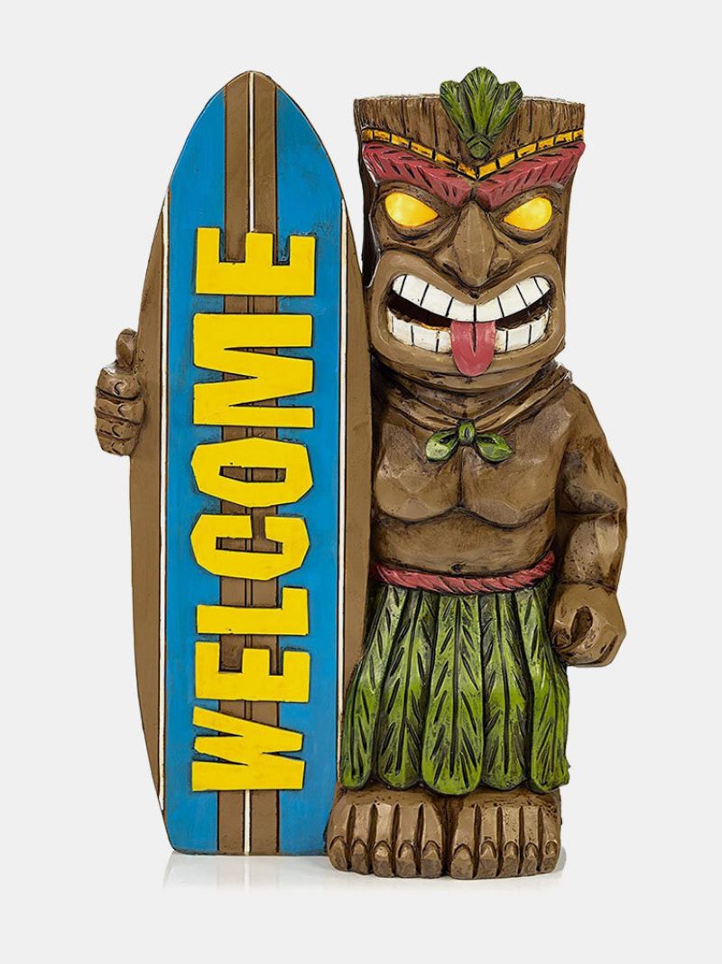 1 Pc Led-lys Welocme Vintage Resin Creative Tribal Totem Figur Statue Skulptur Med Surfebrett Utendørs Innendørs Gårdsplass Hage Dekor