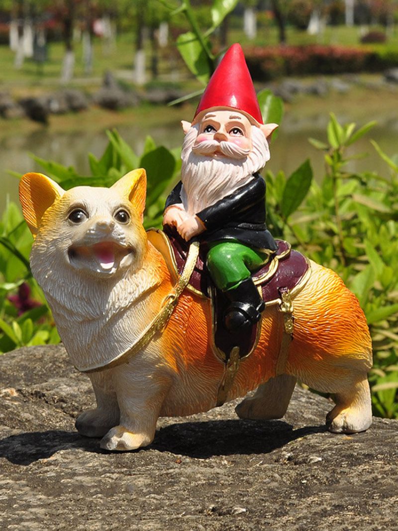 1 Stk Harpiks Gnome Dverg Håndmalte Statuer Med Corgi Hund Plen Dekorasjoner Innendørs Utendørs Jule Hage Ornament