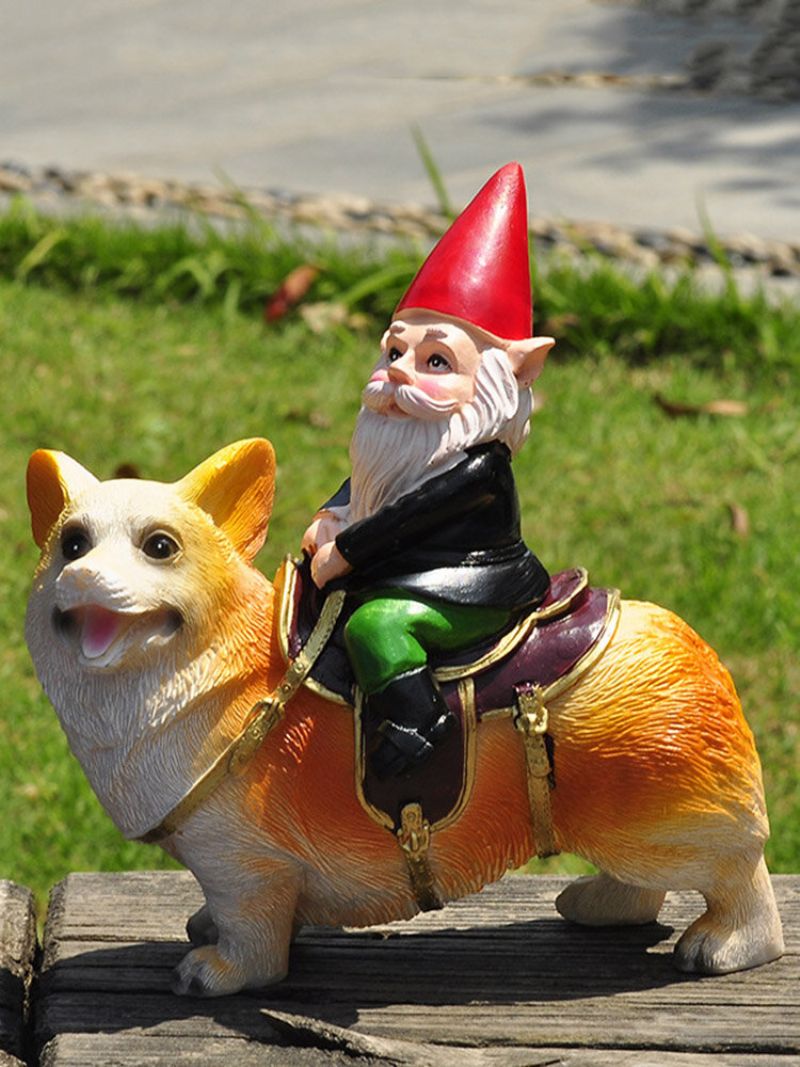 1 Stk Harpiks Gnome Dverg Håndmalte Statuer Med Corgi Hund Plen Dekorasjoner Innendørs Utendørs Jule Hage Ornament