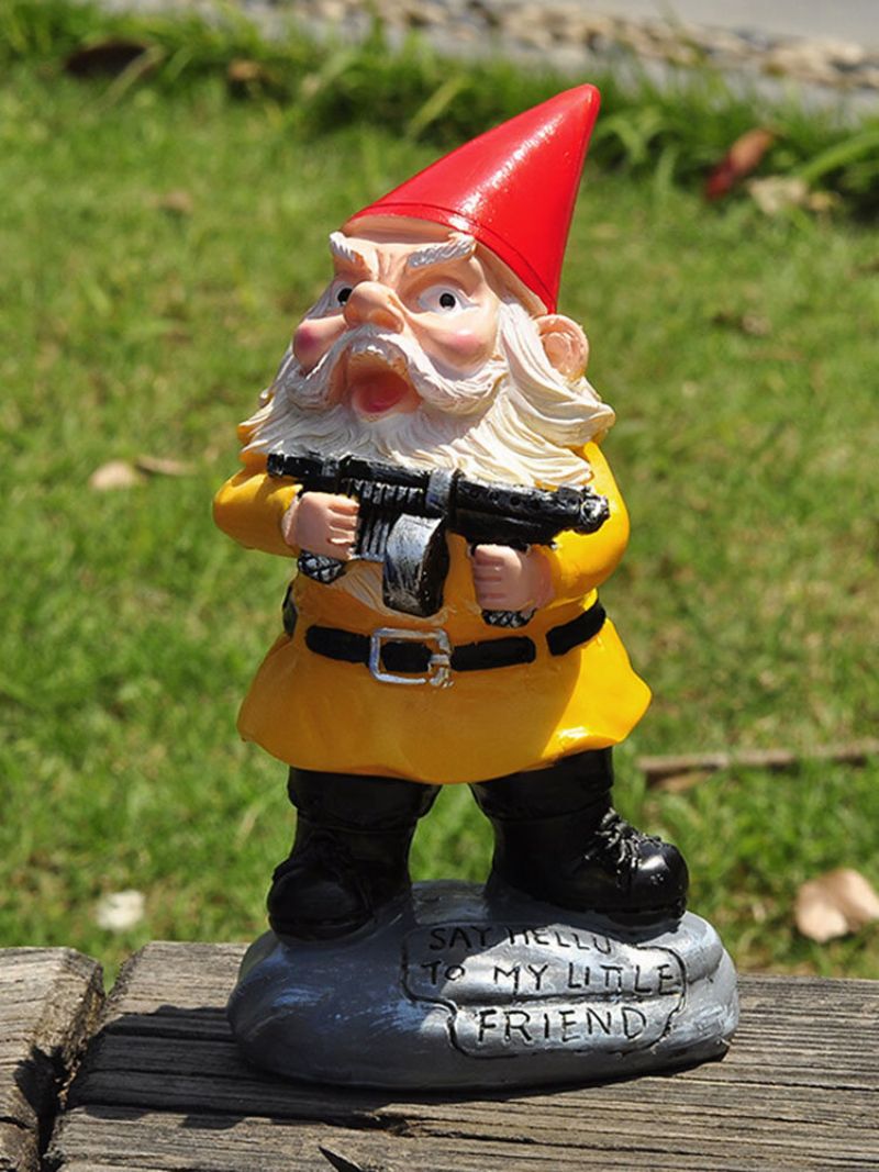 1 Stk Harpiks Gnome Dverg Hvit Skjegg Statuer Holder En Maskingevær Plen Dekorasjoner Innendørs Utendørs Julehage Ornament