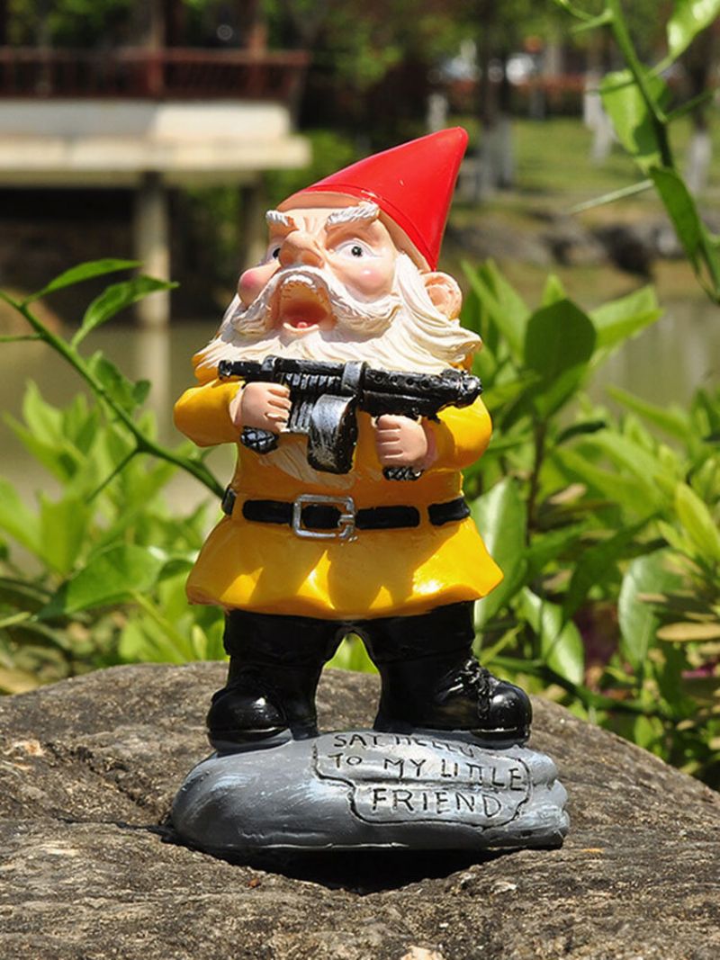 1 Stk Harpiks Gnome Dverg Hvit Skjegg Statuer Holder En Maskingevær Plen Dekorasjoner Innendørs Utendørs Julehage Ornament