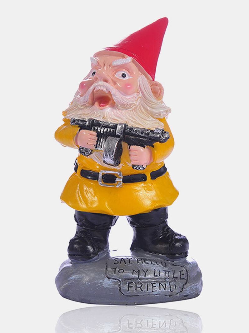 1 Stk Harpiks Gnome Dverg Hvit Skjegg Statuer Holder En Maskingevær Plen Dekorasjoner Innendørs Utendørs Julehage Ornament