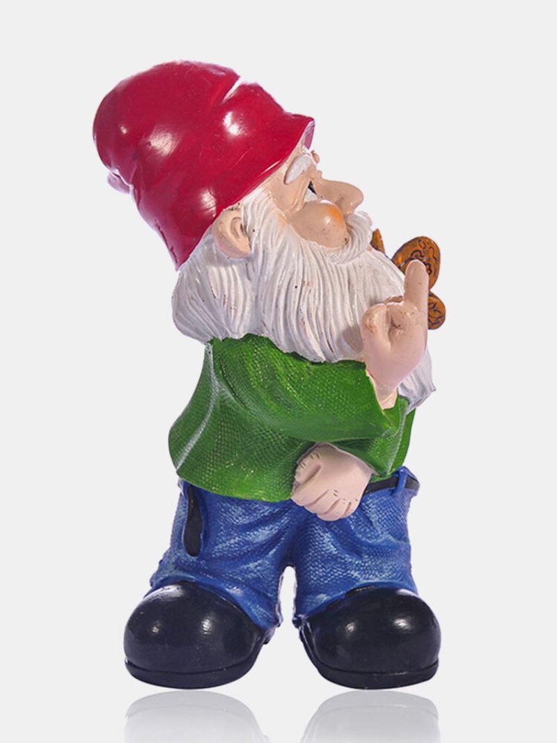 1 Stk Harpiks Gnome Dverg Provoserende Hvite Skjeggstatuer Holder Mild Finger Sommerfugl Plen Dekorasjoner Innendørs Utendørs Julehage Ornament