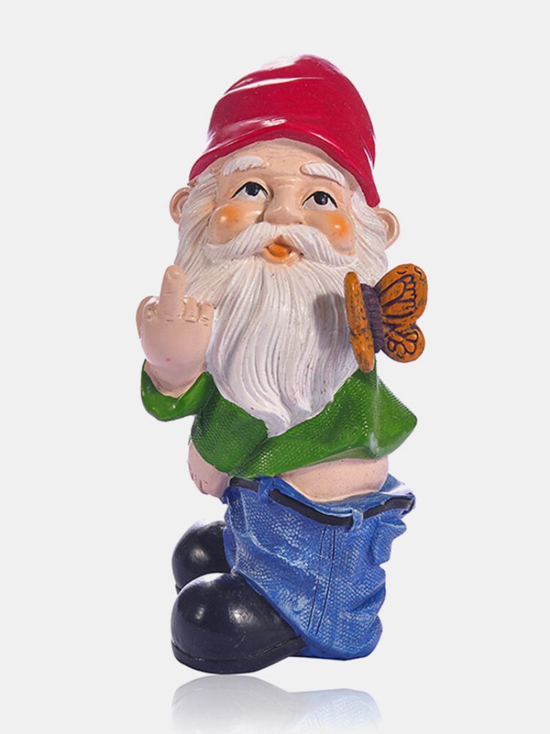 1 Stk Harpiks Gnome Dverg Provoserende Hvite Skjeggstatuer Holder Mild Finger Sommerfugl Plen Dekorasjoner Innendørs Utendørs Julehage Ornament