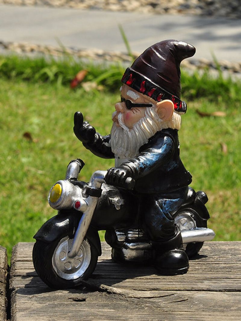 1 Stk Resin Frekk Gnome Dverg Hagedekorasjon Motorsykkelstatue Hvit Gammel Mann Hagetilbehør Skrivebordsdekor