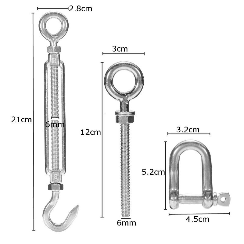 12 Stk/sett Skyggeseilsett 6mm Rustfritt Stål Marine 4-punkts Firkantet Rektangelduk