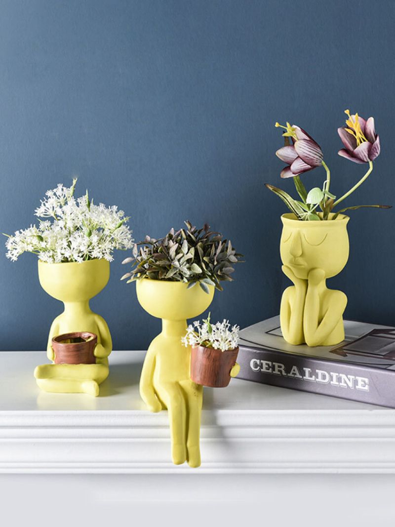 Abstrakt Humanoid Nordisk Kreativt Menneskeansikt Blomsterkrukke Karakter Sittestilling Harpiks Skulptur Vase Skrivebord Blomsterarrangement Container Par Gaveornamenter