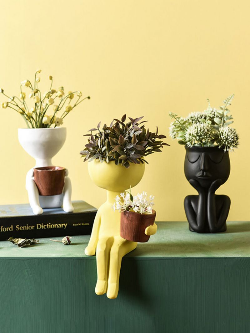 Abstrakt Humanoid Nordisk Kreativt Menneskeansikt Blomsterkrukke Karakter Sittestilling Harpiks Skulptur Vase Skrivebord Blomsterarrangement Container Par Gaveornamenter