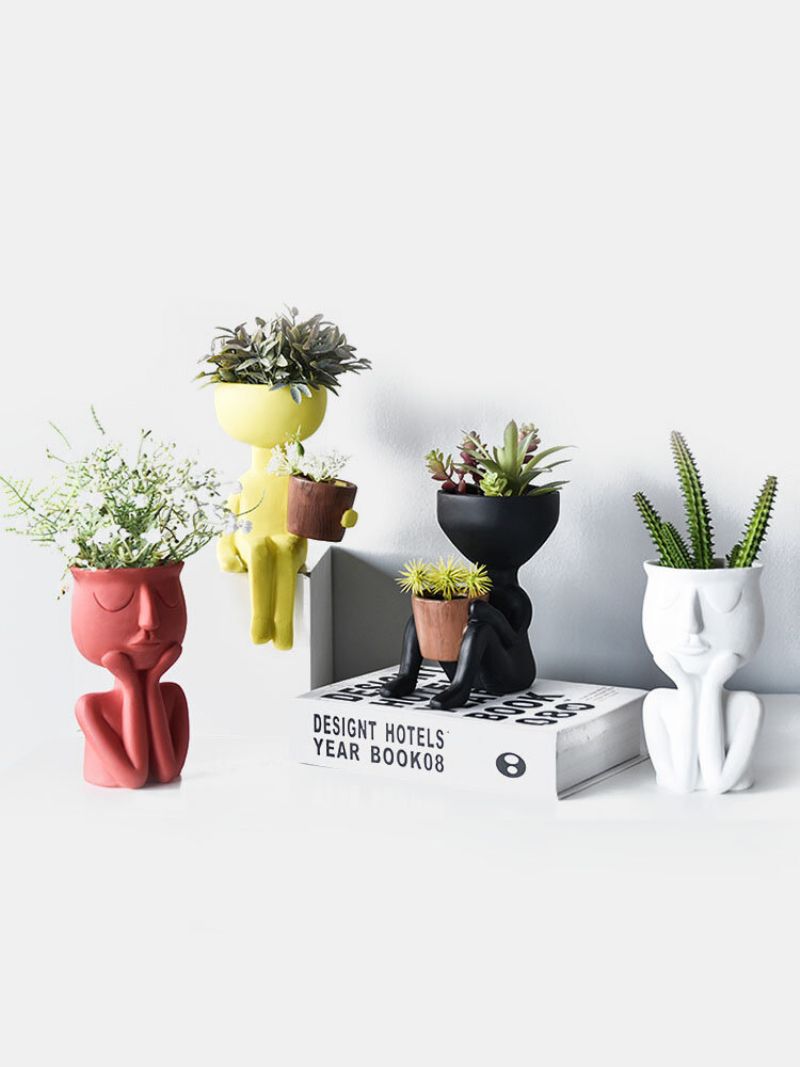 Abstrakt Humanoid Nordisk Kreativt Menneskeansikt Blomsterkrukke Karakter Sittestilling Harpiks Skulptur Vase Skrivebord Blomsterarrangement Container Par Gaveornamenter