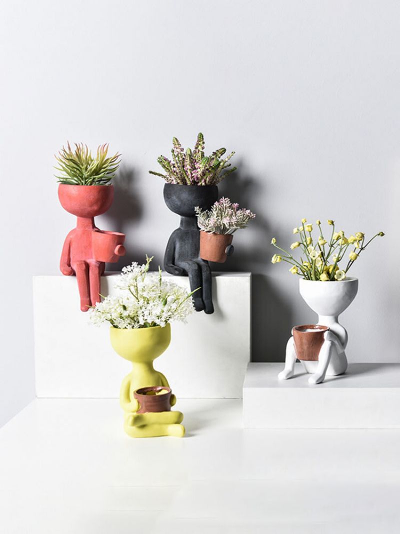 Abstrakt Humanoid Nordisk Kreativt Menneskeansikt Blomsterkrukke Karakter Sittestilling Harpiks Skulptur Vase Skrivebord Blomsterarrangement Container Par Gaveornamenter