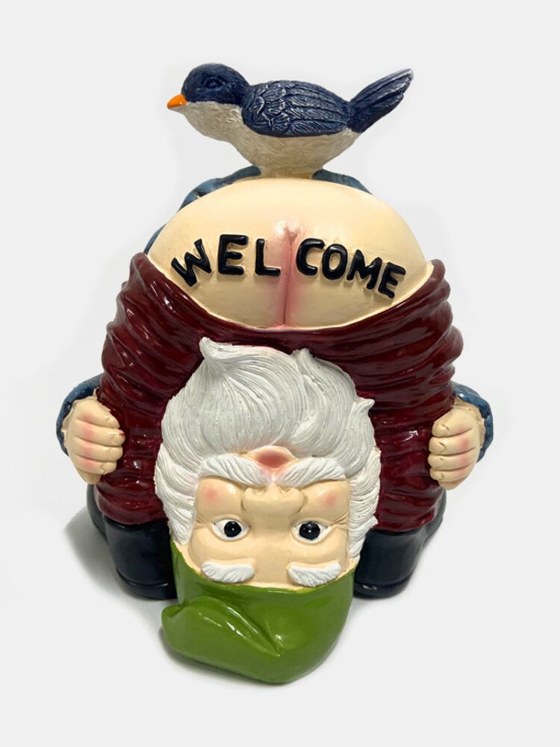 Morsom Rumpe Velkomstbukser Av Gnome Dwarf With Bird Statue Harpiks Hage Plen Front Door Decor