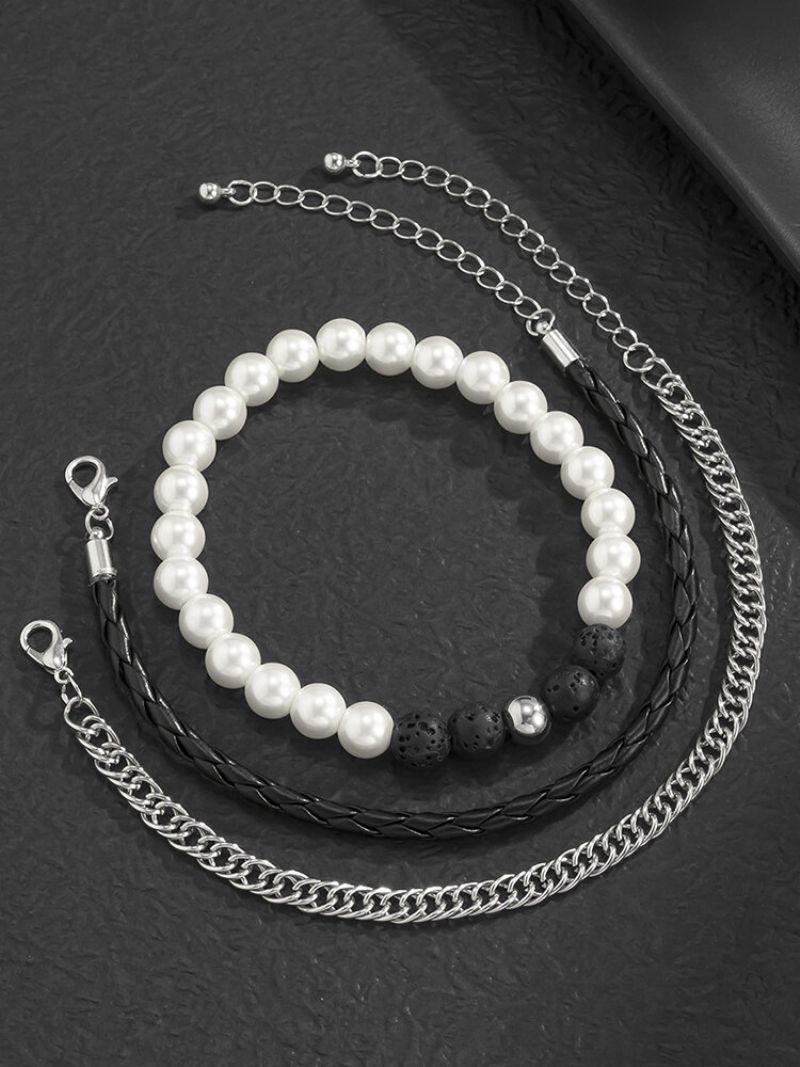 3 Stk Vintage Fashion Faux Pearl Vulkanske Steinperler Armbånd