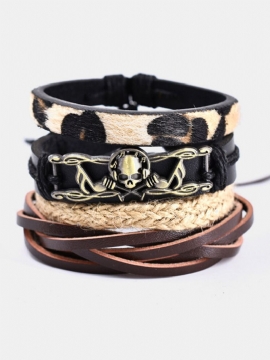 4 Stk Etnisk Leopard Armbåndsett For Kvinner Vintage Musikkhodeskalle Håndlaget Kombinasjonsskinnarmbånd