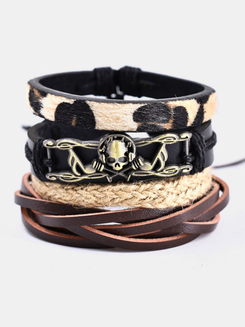 4 Stk Etnisk Leopard Armbåndsett For Kvinner Vintage Musikkhodeskalle Håndlaget Kombinasjonsskinnarmbånd