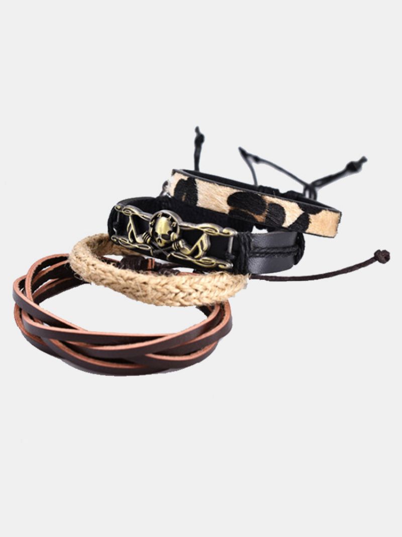 4 Stk Etnisk Leopard Armbåndsett For Kvinner Vintage Musikkhodeskalle Håndlaget Kombinasjonsskinnarmbånd