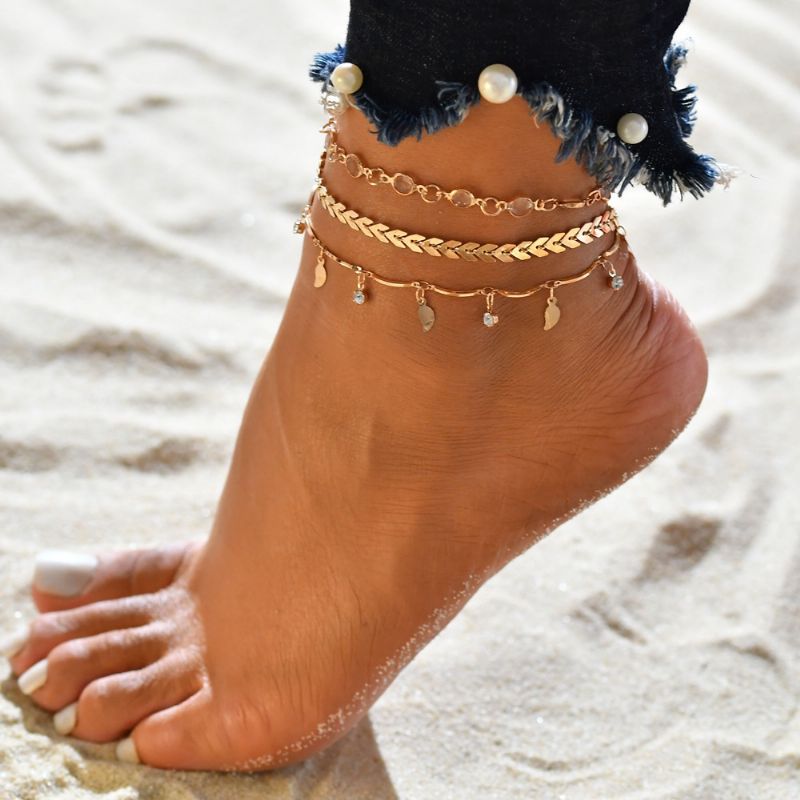 Beach Anklet Lady Smykker Fishbone Full Rhinestone Håndlaget Leaf