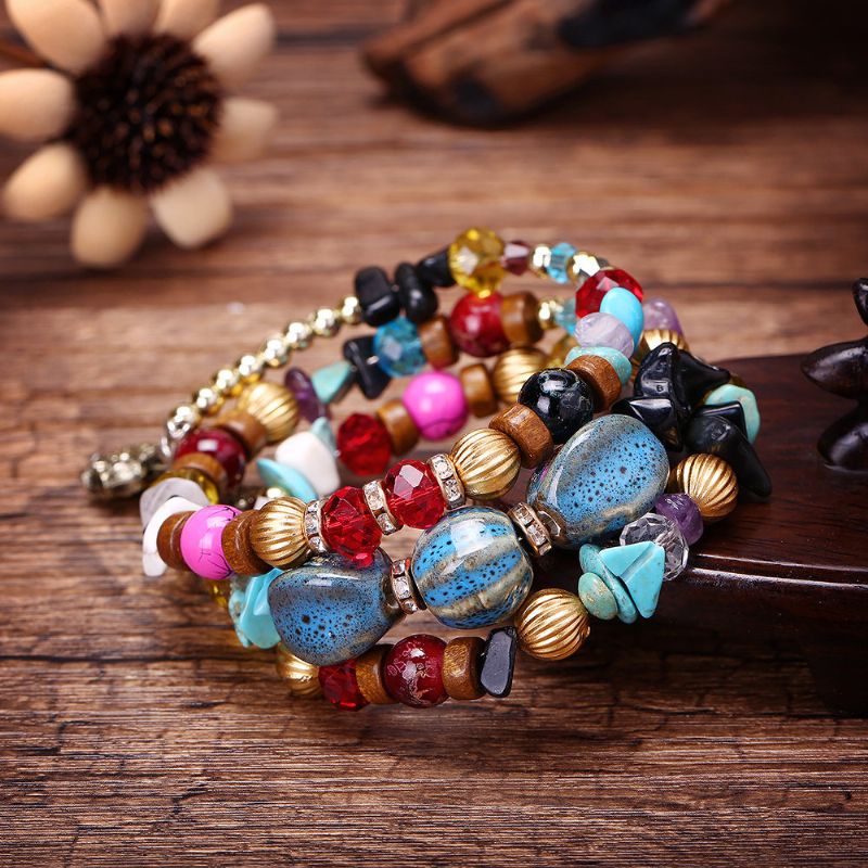 Bohemian Crushed Stone Armbånd Multi Layer Beaded Mix Farge Crystal Women