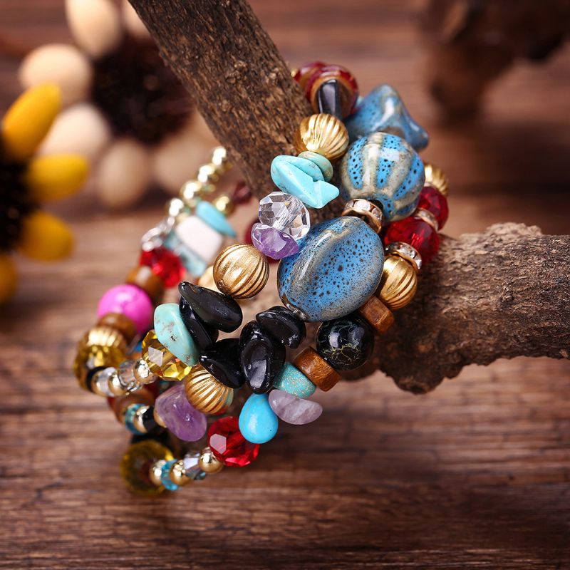 Bohemian Crushed Stone Armbånd Multi Layer Beaded Mix Farge Crystal Women