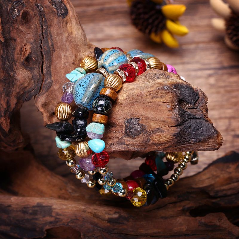 Bohemian Crushed Stone Armbånd Multi Layer Beaded Mix Farge Crystal Women