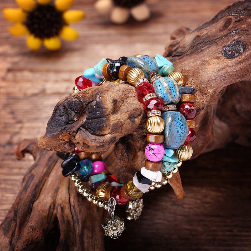 Bohemian Crushed Stone Armbånd Multi Layer Beaded Mix Farge Crystal Women