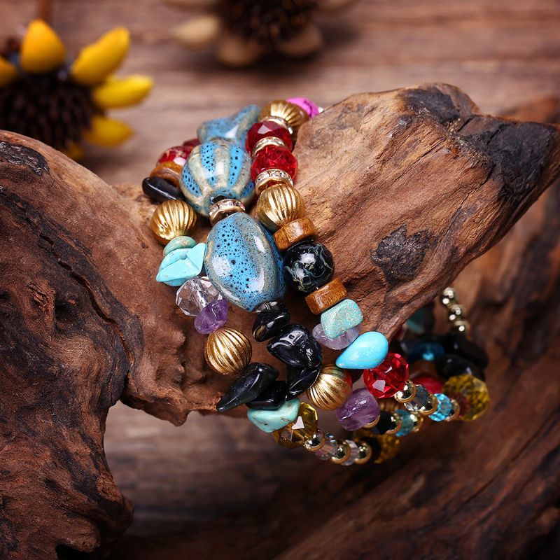 Bohemian Crushed Stone Armbånd Multi Layer Beaded Mix Farge Crystal Women