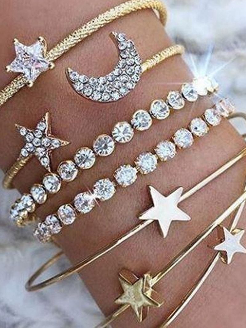 Bohemian Metal Star Moon Rhinestone Justerbart Armbånd Geometrisk Ferskenhjerte Femspiss Stjerne Flerlags