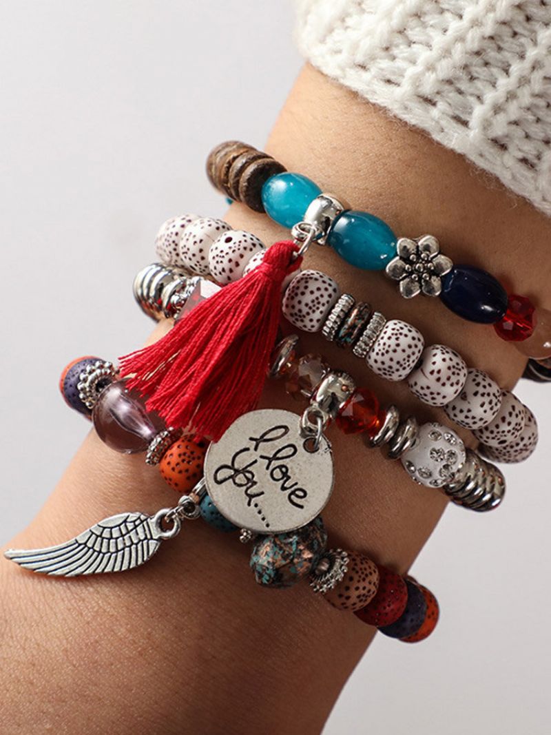 Bohemian Multi Layer Beaded Armbånd African Tassels Bodhi Leaf For Damer