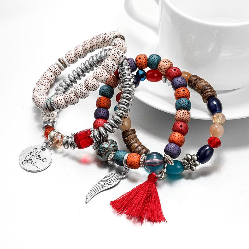 Bohemian Multi Layer Beaded Armbånd African Tassels Bodhi Leaf For Damer