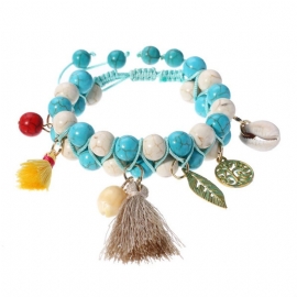 Bohemian Natural Turquoise Beads Armbånd Shell Leaf Life Tree Of Charms Beaded Tassel